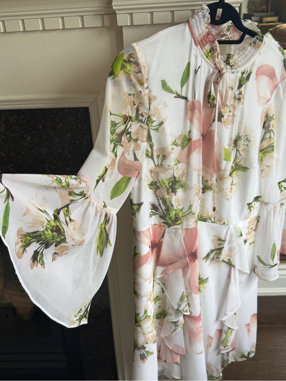 Ted Baker White Floral Tie-Neck Mini Dress with Pink & Green Accents - Picture 2 of 5